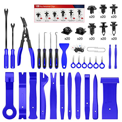 Nilight 200Pcs Trim Removal Tool, Auto Push Pin Bumper Retainer Clip Set Fastener Terminal Remover Adhesive Cable Clips Round Handle Crowbar Kit Car Panel Radio Auto Clip Pliers - color: 200 Clips+ Remover Tools Blue