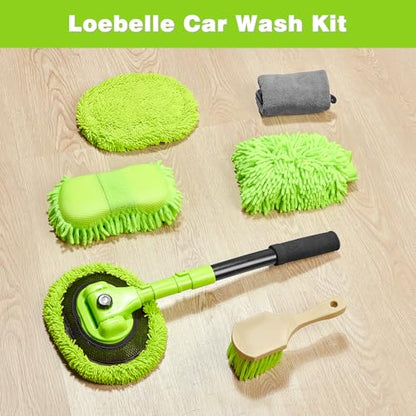 7-in-1 Car Wash Brush Kit with 15° Curved Long Handle for Cars | Car Cleaning Kit with 2 Replaceable Car Washing Mop, Wash Sponge, Mitt, Towel, Tire Brush for RV SUV Truck, Green
