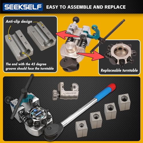 Brake Line Flaring Tool Kit for 45 Degree Single, Double and Bubble Flares, 3/16", 1/4", 5/16", 3/8" and 4.75mm Steel Copper Metal Tubing, with Tubing Cutter, Black