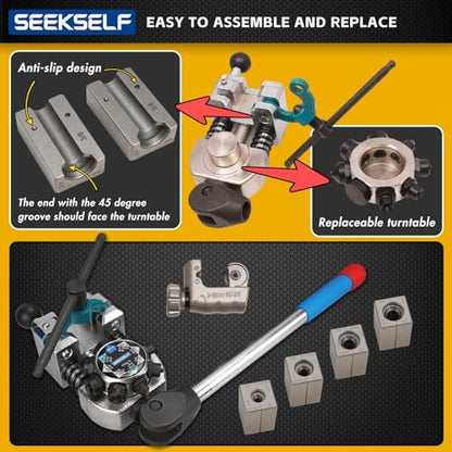 Brake Line Flaring Tool Kit for 45 Degree Single, Double and Bubble Flares, 3/16", 1/4", 5/16", 3/8" and 4.75mm Steel Copper Metal Tubing, with Tubing Cutter, Black