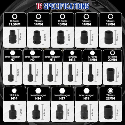 Brake Caliper Socket Set 16 Specifications Brake Caliper Removal Tool Kit High Torque 1/2" Square Drive Socket Wrench Brake Caliper Special Socket Set Compatible with BMW/Audi/Ford/Volkswagen