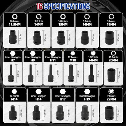 Brake Caliper Socket Set 16 Specifications Brake Caliper Removal Tool Kit High Torque 1/2" Square Drive Socket Wrench Brake Caliper Special Socket Set Compatible with BMW/Audi/Ford/Volkswagen
