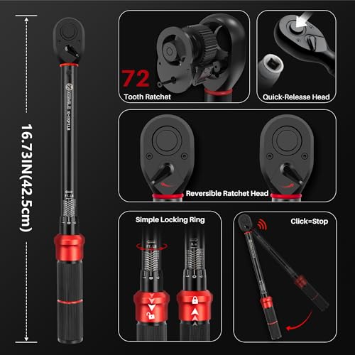 1/2 Inch Drive Torque Wrench Set 10-170 Ft-Lb for Lug Nut Car Moto | Click Inch Pound Torque Socket Set(13.6-230.5Nm),72T Dual Direction 3% Precision, Adjustable Wrench for Bicycle Tire DIY - style: Set 1/2"DR.170FT-LB