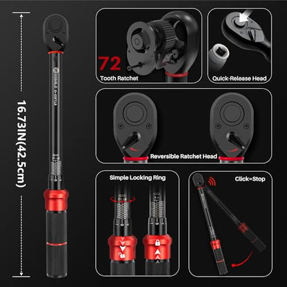 1/2 Inch Drive Torque Wrench Set 10-170 Ft-Lb for Lug Nut Car Moto | Click Inch Pound Torque Socket Set(13.6-230.5Nm),72T Dual Direction 3% Precision, Adjustable Wrench for Bicycle Tire DIY - style: Set 1/2"DR.170FT-LB