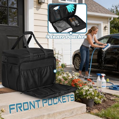 Large Car Detailing Organizer with Hard Pad Support, Car Detailing Bag with Multiple Pockets, Cleaning Bags for Housekeepers, Cleaning Supply Bag, Black