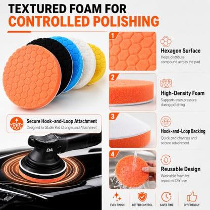 7 Inch Polishing Pads, 5PCS Foam Buffing Pads for DA Polisher | 5PCS Foam Polishing Pads for DA Polisher, Car Paint Correction, Scratch & Swirl Removal, Hook and Loop Backing