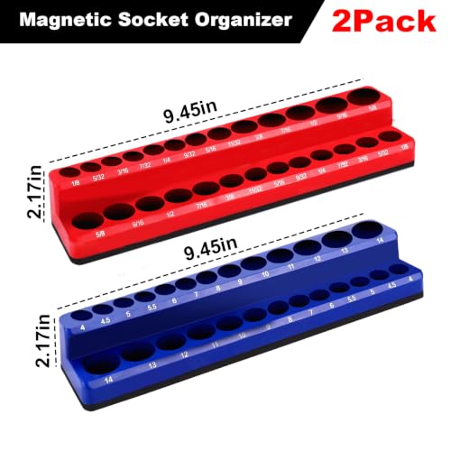 Magnetic Socket Organizer Set, 2-Piece SAE & Metric Socket Holders, Holds 52 Standard & Deep Sockets for Tool Drawers, Tool Carts (Sockets Not Included) - size: 2Pcs Socket Organizer