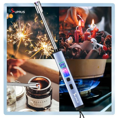 SUPRUS Electric Candle Lighter USB-C Rechargeable with Digital Battery Display Ambient Lighting Safety Switch 360° Flexible Neck Flameless Plasma Windproof Perfect for Candle BBQ Camping (Blue) - color: Blue