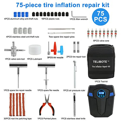 Tire Repair Kit, Tire Inflator Portable Air Compressor, Heavy Duty Flat Tire Repair Kit With 12V Air Pump For SVU, Car, Motorcycle, Truck, RV And Other Tire Repair