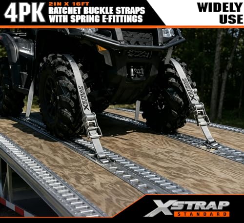 XSTRAP STANDARD 4-PK 2" x 16' E-Track Heavy Duty Ratchet Tie Down Straps | 4,400lbs Break Strength Cargo Securement Straps for Trailers, Trucks, Vans & Motorcycles with Spring Fittings (Grey) - size: Grey-4PK-16FT
