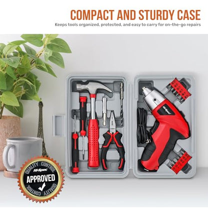 Hi-Spec 19pc 3.6V USB Small Power Screwdriver & Home DIY Tool Kit Set. Cordless & Rechargeable Electric Screwdriver and Compact Hand Tool Box Set,Red - color: Light Red