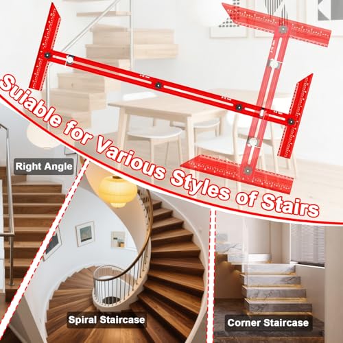 Stair Tread Template Tool – Stair Tread Gauge Jig, Aluminum Alloy Measuring and Scribe Tool for Accurate Angle, Depth, and Length Measurement of Stairs, Risers, and Partitions - color: FullRed