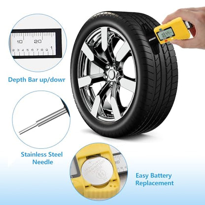 Tire Tread Depth Gauge, 3 Modes Digital Tire Depth Gauge-Fractional Inch, Decimal Inch and Millimeter for Motorcycles, Cars, Trucks, Vans, SUV - Yellow