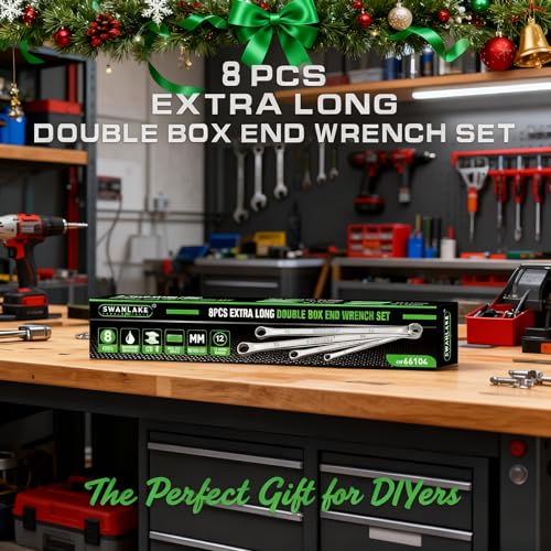 SWANLAKE GARDEN TOOLS 8-Piece Extra Long Double Box-End Wrench Set, Premium 12-Point Metric 8–24 mm, CR-V Steel, 15° Offset, Off-Corner Loading, with Tool Roll Bag