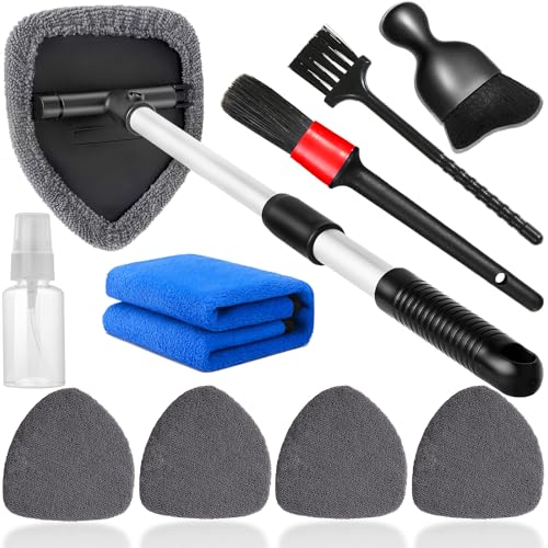 Qydipclin 10pcs Windshield Cleaning Tool Inside Car Window Cleaner Wash Kit with 4 Reusable Microfiber Pads 1 Spray Bottle and Extendable Handle Interior Auto Glass Wiper Kit, Gray - color: Gray