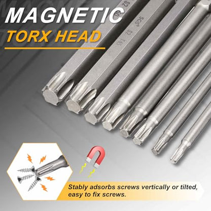 HARFINGTON 10pcs T15 Torx Head Screwdriver Bit 1/4" Hex Shank 6" (150mm) Long Magnetic No Hole Tip Tamper Proof 6 Point Star Screw Driver Drill Bits S2 Steel Industrial Power Screwdrivers - size: T15 x 6"