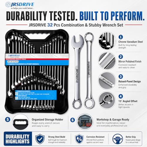32-Piece SAE & Metric Combination Wrench Set – Standard & Stubby Wrenches, Chrome Vanadium Steel, 12-Point Box End, Mirror Chrome Finish with Organizer Tray for Automotive & Home Repair