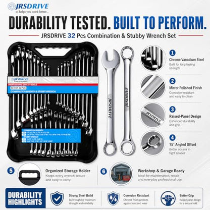 32-Piece SAE & Metric Combination Wrench Set – Standard & Stubby Wrenches, Chrome Vanadium Steel, 12-Point Box End, Mirror Chrome Finish with Organizer Tray for Automotive & Home Repair