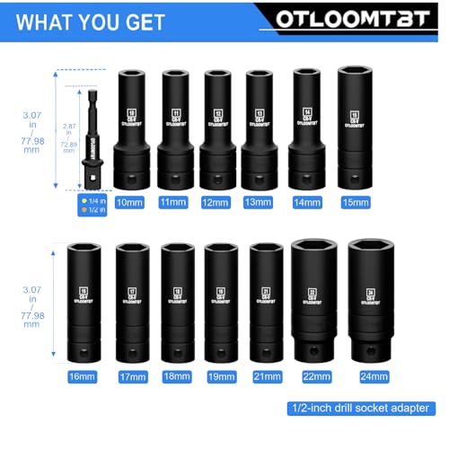 OTLOOMTBT 14PCS Impact Socket Set 1/2 Drive Metric Deep Sockets | Heavy Duty Chrome Vanadium Steel, 6-Point Grip, Rust Resistant Deep Socket Set with Adapter for Auto Repair & Mechanics - style: 14PCS 1/2" Drive Impact Socket Set (Metric - Without Storage