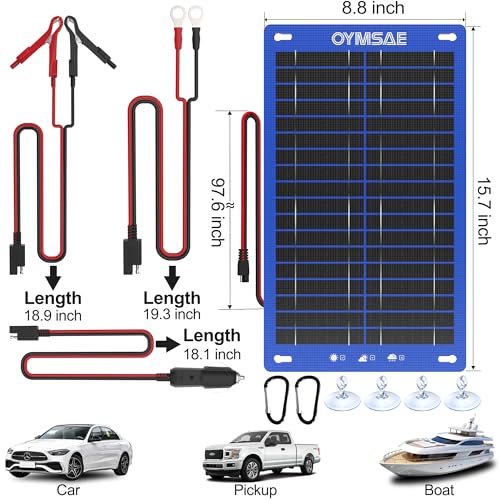 OYMSAE 12V 15W Solar Trickle Charger & Maintainer - Waterproof Battery Charger with Smart Controller for Car Boat RV Truck Marine - Includes Cigarette Plug & Alligator Clips - size: 15W
