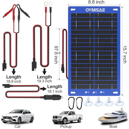 OYMSAE 12V 15W Solar Trickle Charger & Maintainer - Waterproof Battery Charger with Smart Controller for Car Boat RV Truck Marine - Includes Cigarette Plug & Alligator Clips - size: 15W