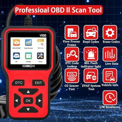 V500 OBD2 Scanner Diagnostic Tool, Professional Code Reader with Live Data Stream, DTC Lookup, I/M Readiness, O2 Sensor Test, EVAP System Test, Vehicle Info Display
