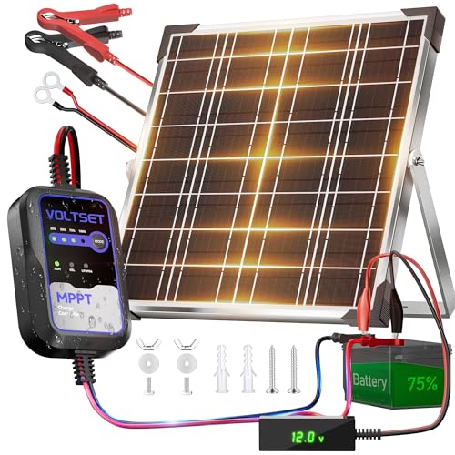 Voltset 12V 20W Solar Panel Battery Charger with LCD Voltage Tester for Car | Smart MPPT Controller | IP67 Waterproof | for Boat Marine Trailer RV Motorcycle | 360° adjustable bracket | Aluminum Frame