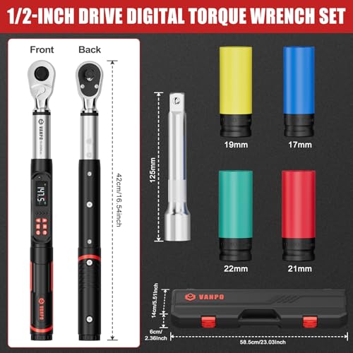 VANPO 1/2 Drive Digital Torque Wrench Set 7.4-147.5 ft.lb, ±2% Accuracy | 10-200 Nm, Electronic Torque Wrench with Sockets & Extension Bar, Buzzer/LED/Vibration Alarm, for Tire Lug Nuts, Auto Repair - size: 1/2-Inch (7.38-147.5 ft.lb/10-200 N.m)
