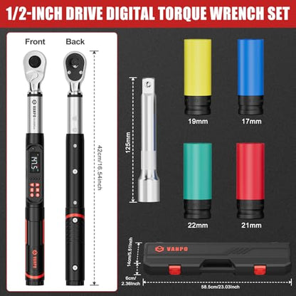 VANPO 1/2 Drive Digital Torque Wrench Set 7.4-147.5 ft.lb, ±2% Accuracy | 10-200 Nm, Electronic Torque Wrench with Sockets & Extension Bar, Buzzer/LED/Vibration Alarm, for Tire Lug Nuts, Auto Repair - size: 1/2-Inch (7.38-147.5 ft.lb/10-200 N.m)