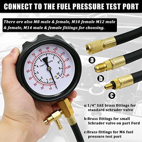 0-140 PSI Automotive Fuel Pressure Tester Kit for Gasoline Engines | For gasoline engines; 1/4 in and M6 test hoses with M8, M10, M12 and M14 adapters; not for diesel or direct injection