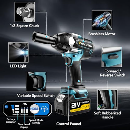 1/2" High Torque Impact Wrench, 1500N.m 1106FT-LB Brushless Cordless Impact Gun, 3-Speed Reverse Auto-Stop Electric Impact Driver with LED Light, 2×4.0Ah Battery for Auto Repair & Heavy-Duty Work