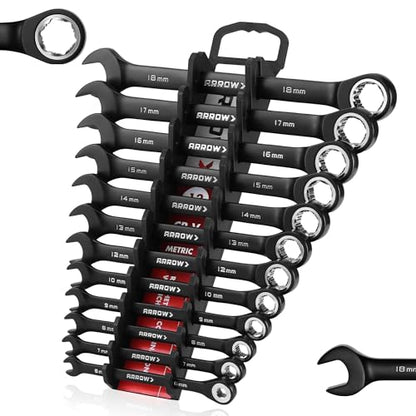 ARROW 12PCS Metric Ratcheting Wrench Set, Anti-Slip 6-18mm Combination Ratchet Wrench Set with Black Magnetic Tool Holder, Premium CRV Material, 72-Teeth, Corrosion-Resistant, Easy to Carry & Store - style: Metric Only