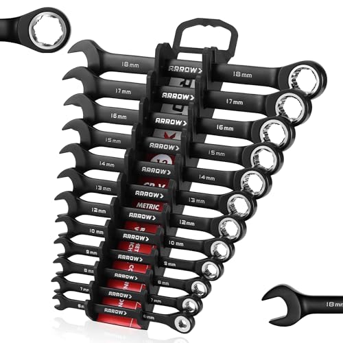 ARROW 12PCS Metric Ratcheting Wrench Set, Anti-Slip 6-18mm Combination Ratchet Wrench Set with Black Magnetic Tool Holder, Premium CRV Material, 72-Teeth, Corrosion-Resistant, Easy to Carry & Store - style: Metric Only