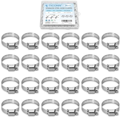 TICONN 24PCS Hose Clamp Set - 5/8''–1'' 304 Stainless Steel Worm Gear Hose Clamps for Pipe, Intercooler, Plumbing, Tube and Fuel Line (16–25 mm) - size: SAE #8 24PCS 5/8''~1"
