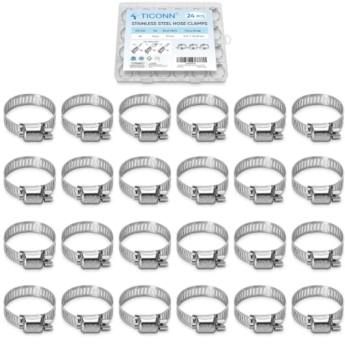 TICONN 24PCS Hose Clamp Set - 5/8''–1'' 304 Stainless Steel Worm Gear Hose Clamps for Pipe, Intercooler, Plumbing, Tube and Fuel Line (16–25 mm) - size: SAE #8 24PCS 5/8''~1"
