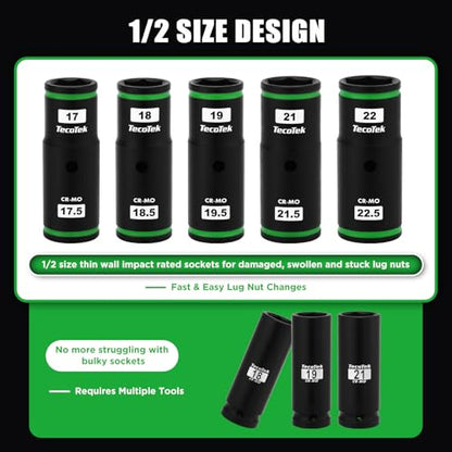 TecoTek 7PCS Lug Nut Socket Set, 1/2” Impact Thin Wall Flip Socket, Half Size Wheel Socket Set, Metric, 6 Point, 3" Extension Bar & Knockout Bar, 17.5mm, 18.5mm, 19.5mm, 21.5mm, and 22.5mm - size: Half Size Metric