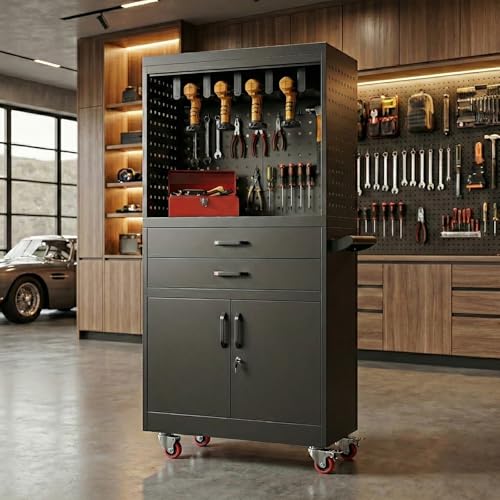 Professional Mobile Tool Cart with Locking Wheels, Large Storage & Built-in Outlet - Heavy Duty Rolling Workbench for Garage, Workshop, Electric Tool Organization and Moving Jobs