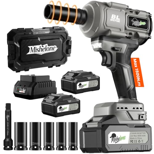 cordless impact wrench 1/2 inch,21V Brushless High Torque 1500N.m 1106ft-lbs power impact wrenches, With 2 Pack 4.0Ah Batteries and 5 Sockets, Ideal for Car Tire Lug Nut Removal and Repair - color: Grey