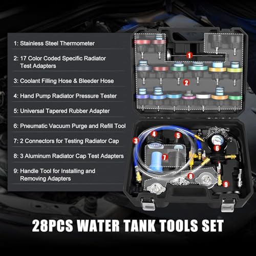 JIFETOR 28PCS Radiator Pressure Leak Test Pneumatic Coolant Refill Tool Kit | Auto Cooling System Leakage Tester and Water Tank Pneumatic Vacuum Purge Filling Set Universal for Airlift Car Auto Truck - color: Black Case