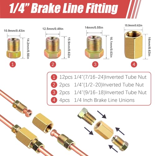 25 Ft Copper-Coated Brake Line Kit, 1/4” brake line Tubing Coil with 20 Fittings, Gold - size: 1/4 inch