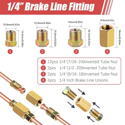25 Ft Copper-Coated Brake Line Kit, 1/4” brake line Tubing Coil with 20 Fittings, Gold - size: 1/4 inch