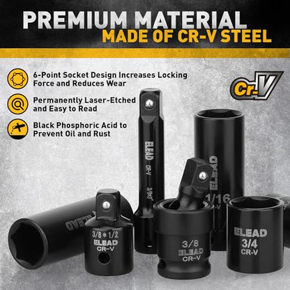 3/8" Drive Impact Socket Set - 50-Piece SAE (5/16" to 3/4") & Metric (8-22mm) Socket Wrench Set, 6-Point CR-V Steel Deep & Shallow Sockets with Ratchet Handle, Universal Joint, Extension Bar, Adapter - style: 3/8'' Drive Impact Socket Set