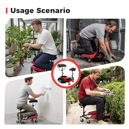 Heavy-Duty Kneeling/Sitting Creeper with Adjustable Seat & Tool Tray – 300lb Capacity Rolling Knee Work Seat for Auto Repair, Flooring, Landscaping & DIY – Padded Knee Support & Smooth Casters