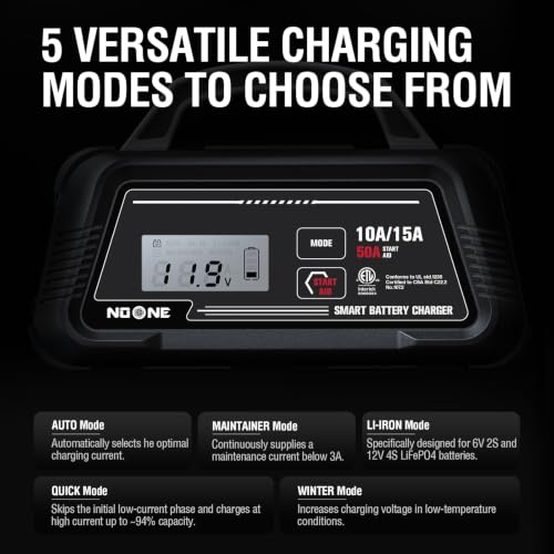 NOONE 10A/15A Smart Battery Charger - 6V/12V Fully Automatic Maintainer | with 50A Engine Start, Auto Repair & Desulfation with Overheat Protection - Compatible with Lead-Acid, AGM, LiFePO4 Batteries