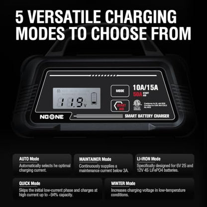 NOONE 10A/15A Smart Battery Charger - 6V/12V Fully Automatic Maintainer | with 50A Engine Start, Auto Repair & Desulfation with Overheat Protection - Compatible with Lead-Acid, AGM, LiFePO4 Batteries