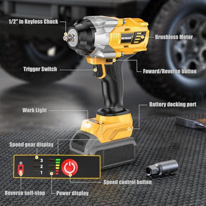 NATBEESY Cordless Impact Wrench Compatible with DeWalt 20V Battery: 1/2 Inch Hog Ring Impact Driver - High Torque - 1360N.m/1000Ft-lbs Cordless Impact Gun - Brushless Motor with LED Light - Tool Only - style: 1360N.M