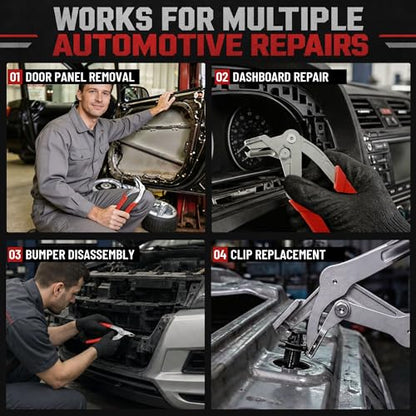 Car Clip Pliers with 100 Fasteners & Gloves, Professional Panel Clip Pliers for Door Panels, Push Pins & Plastic Fasteners, Heavy-Duty Damage-Free Trim Removal Kit