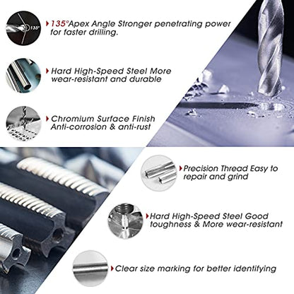 Thread Repair Kit, 261-Piece HSS Drill Helicoil Repair Kit SAE & Metric 1/4" 5/16" 3/8" 7/16" 1/2" M5 M6 M8 M10 M12 with HSS Drill Threaded Inserts Screw Tap Installation and Tang Break Tool