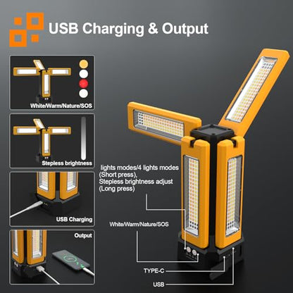 13200mAh Rechargeable Solar Work Light with Folding Stand and Carrying Bag, AODOO 8000 Lumen Stepless Dimmable , White/Warm/Nature White/RED(SOS) with Detachable Tripod (Orange) - color: Orange