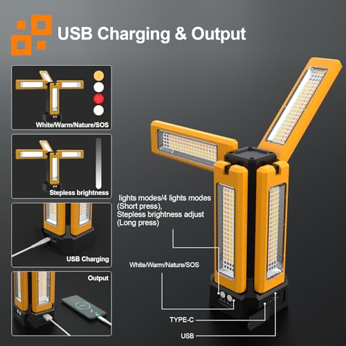 iodoo 13200mAh Rechargeable Solar Work Light,IPX4 Waterproof with Folding Stand Support and Portable Carrying Bag, 8000 Lumen Stepless Dimmable, 4 Lighting Modes, White/Warm/Warm White (Standard) - size: Orange(Standard)